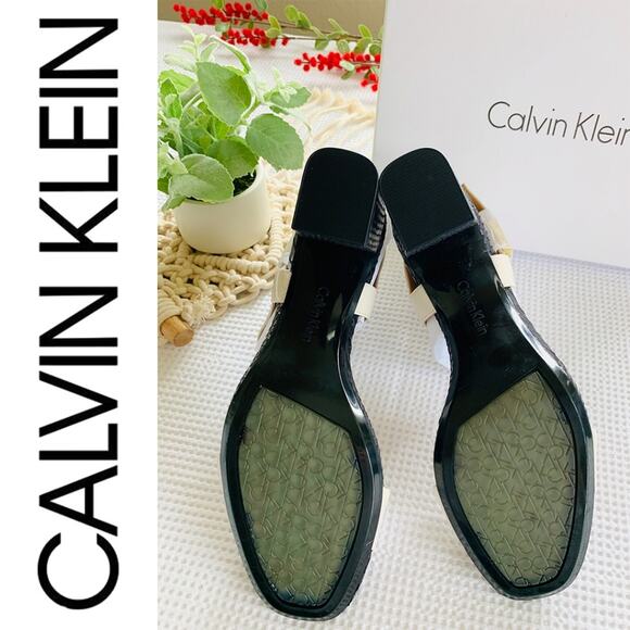 CALVIN KLEIN Shoes NEW Block Heel Open Toe Sandal High Heels Cream Black Shoes 8 - Picture 6 of 8